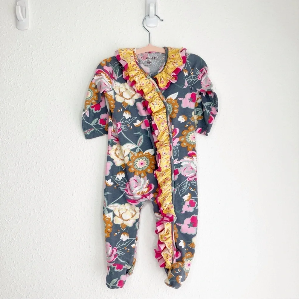 Mustard Pie ruffled footie sleeper gray w/ pink and yellow flower print 6 months